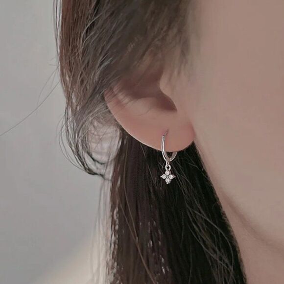 Dainty Crystal Flower Charm Hoop Earrings in Silver - Picture 4 of 6